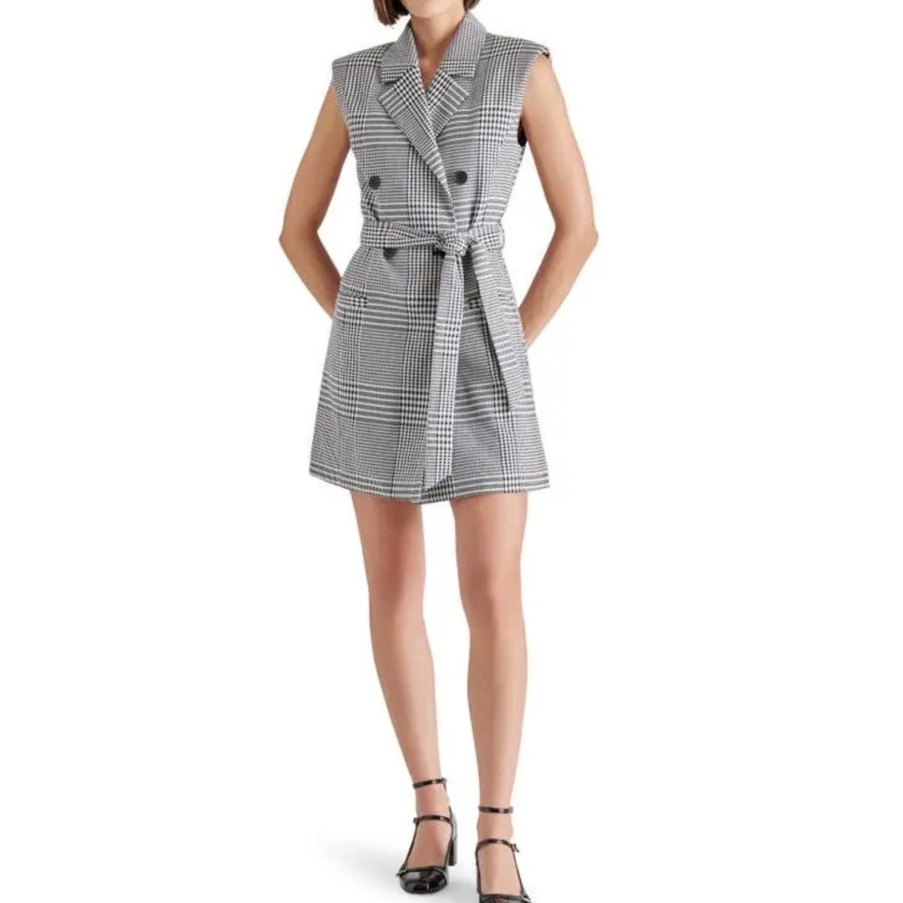 Steve Madden Onyx Herringbone Blazer Minidress Plaid Sleeveless M